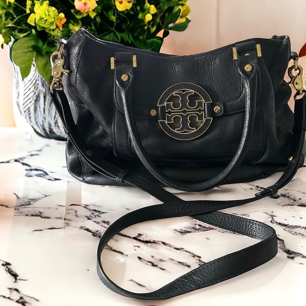 Tory Burch Black Leather Amanda Classic Hobo Satchel Purse Gold Tone Emblem